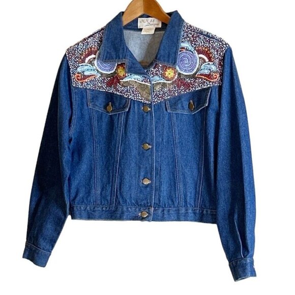 KK Designs Jackets & Blazers - KK 88 Designs Vintage Hand Beaded Blue Denim Jacket 80s 90s Western Size Small